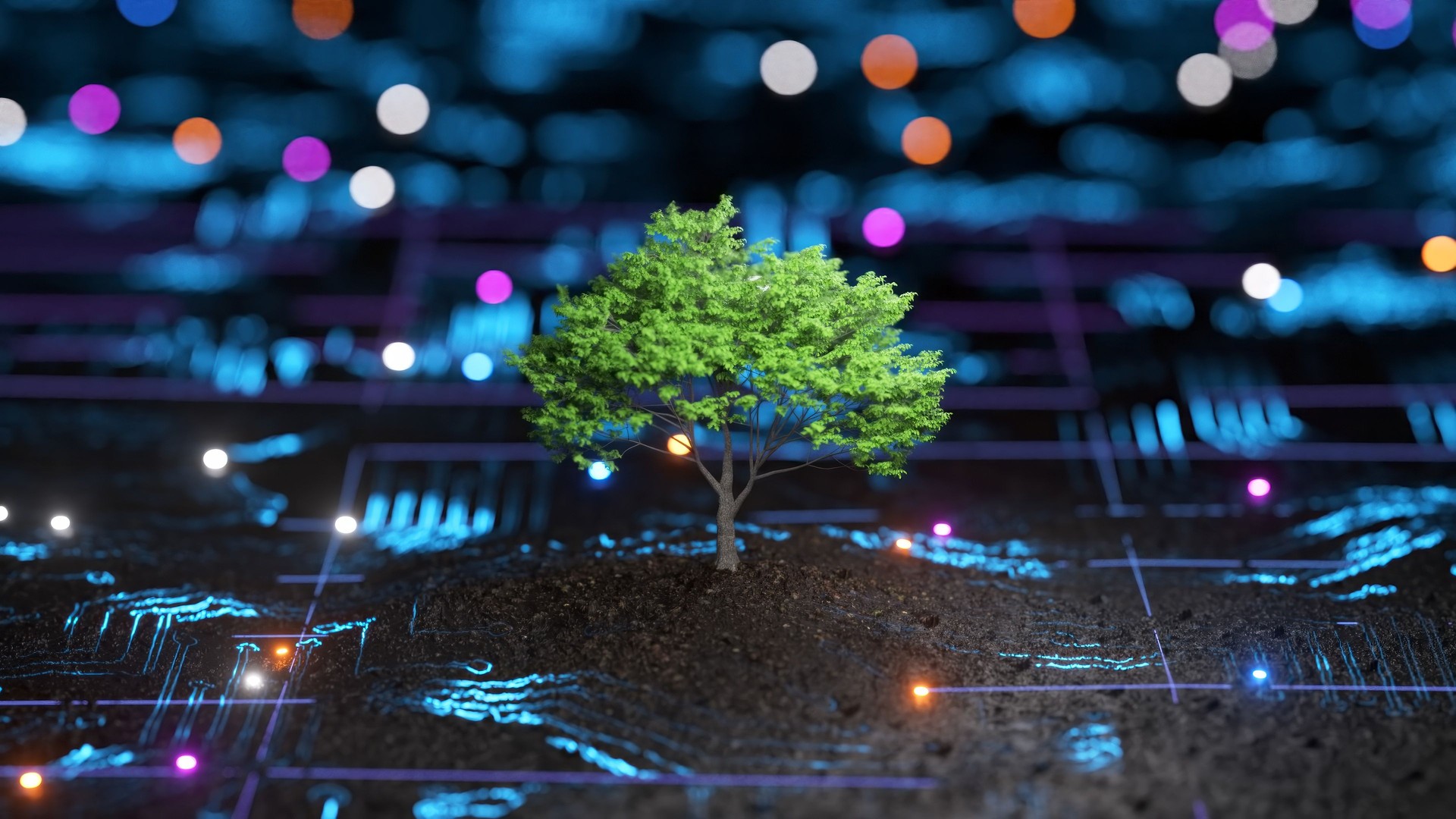 A lone tree stands amidst glowing digital lines on a dark surface, symbolizing nature meets technology.