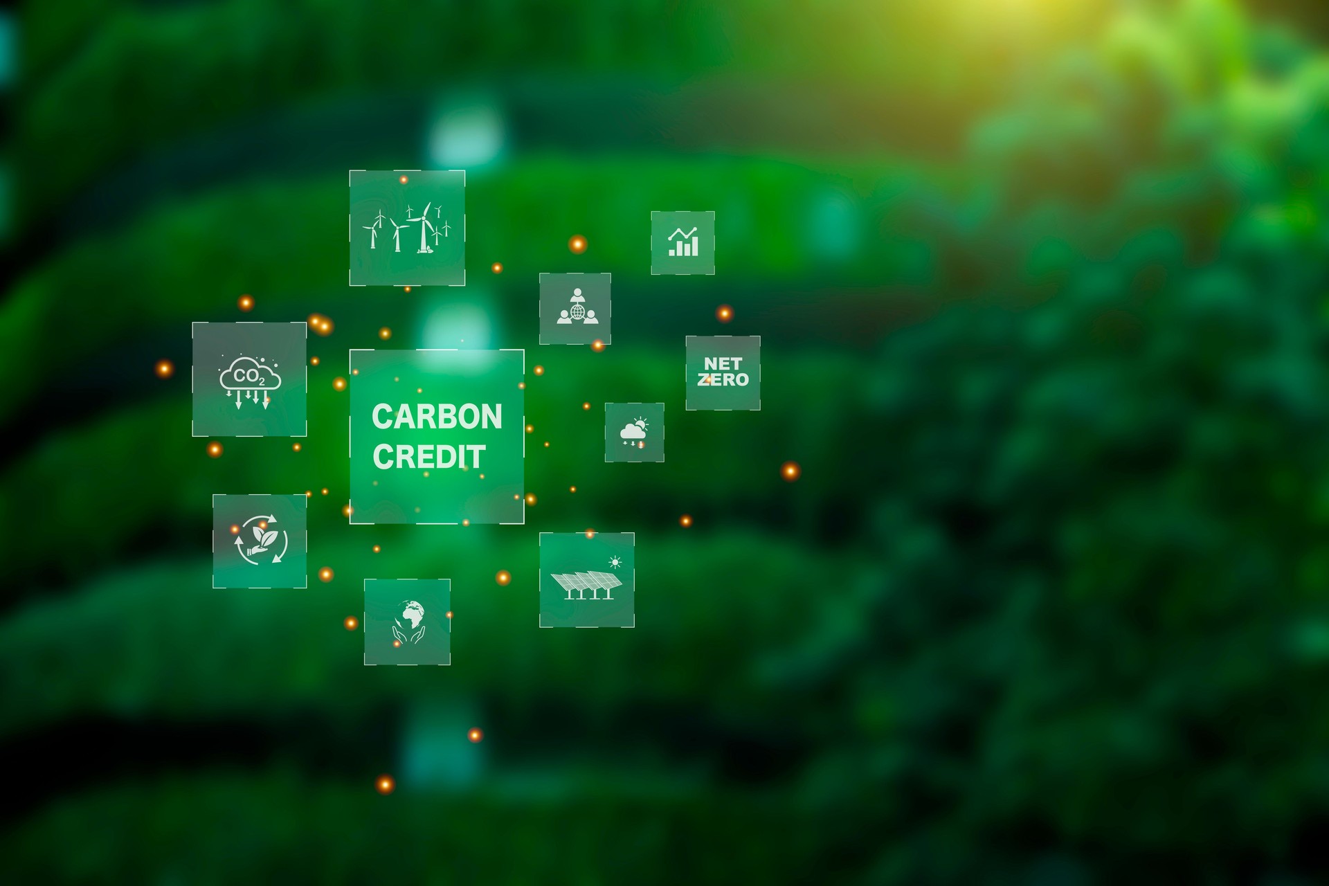 Carbon credit market concept. carbon credit icon on Green building covered with trees. Net zero in 2050. Green energy icon around it. Carbon Neutral in industry Net zero emission eco energy.