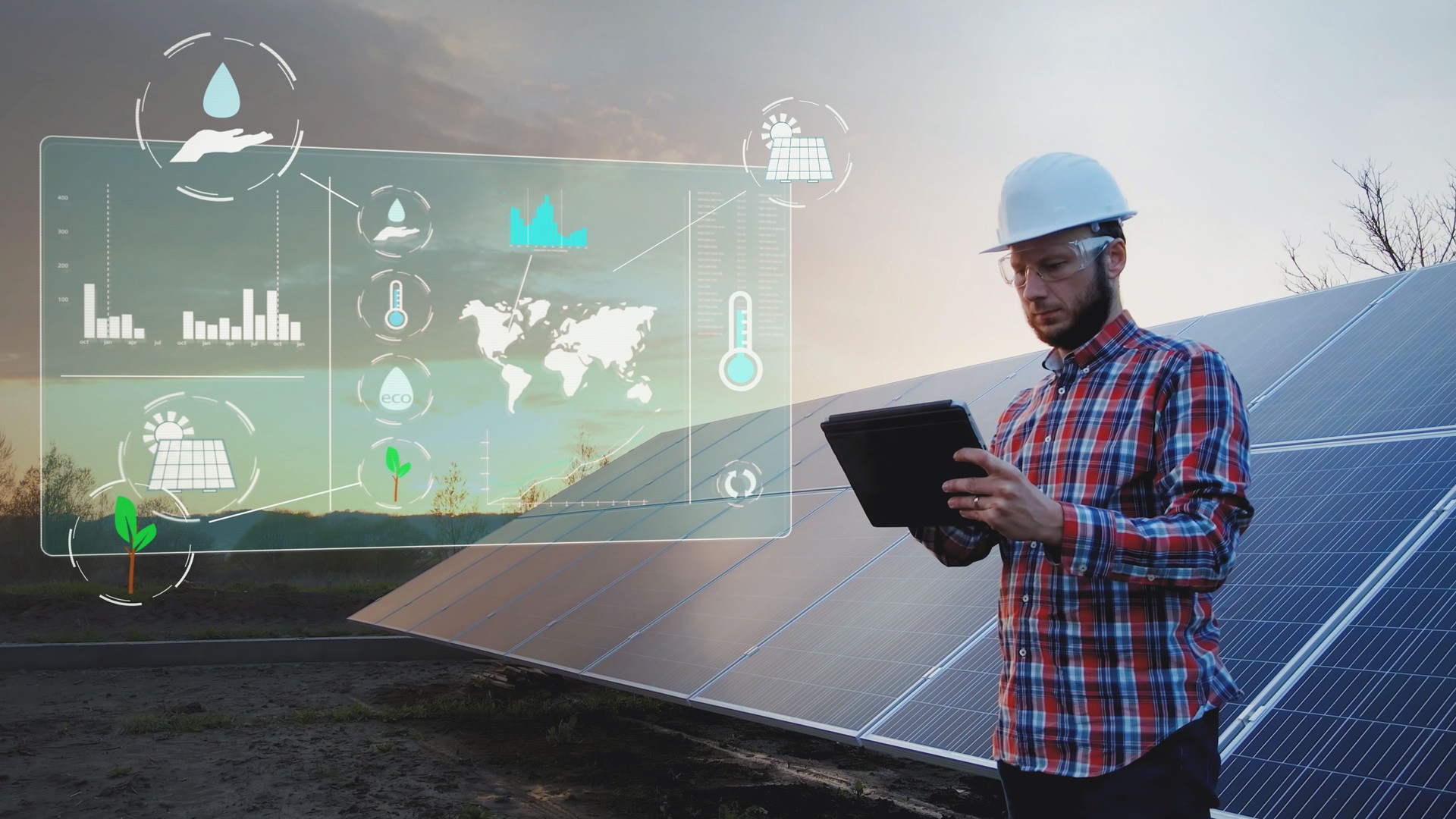 Engineer analysing solar panels data, digital future job concept graphics.
